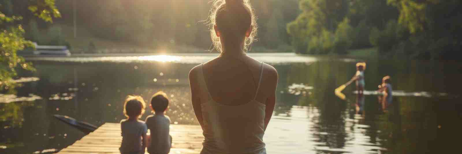 Family on lake dock