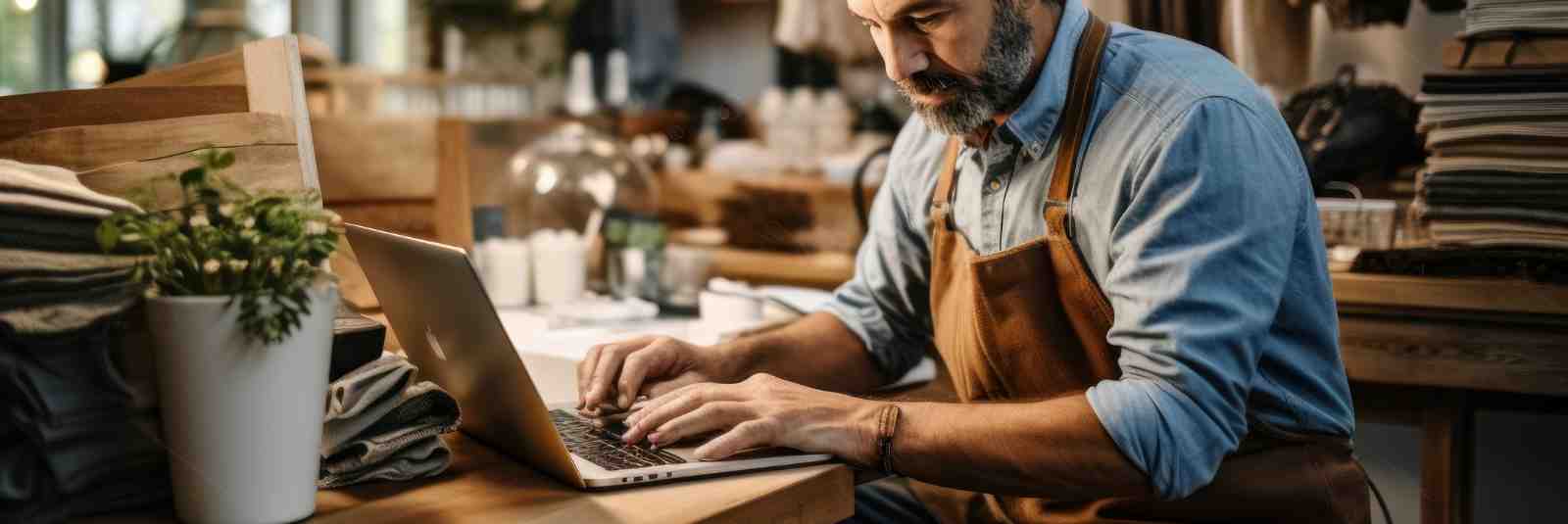 Businessman working computer in store