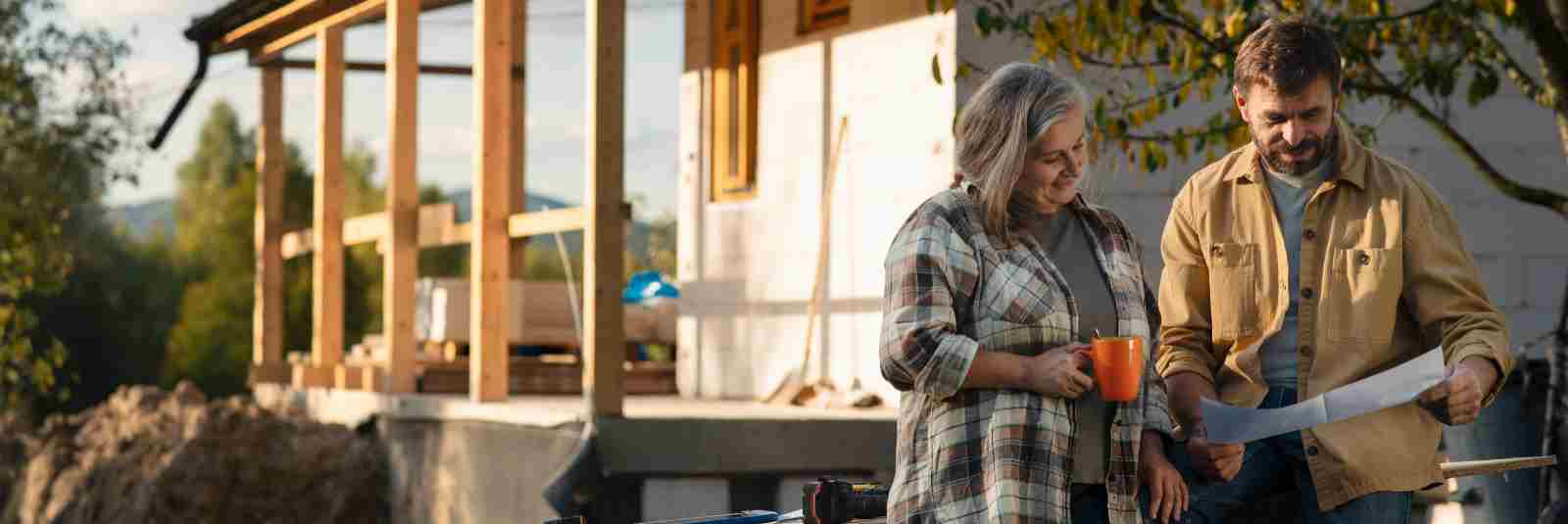 Couple outside looking at new home blueprints