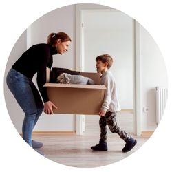 mom and son moving in boxes